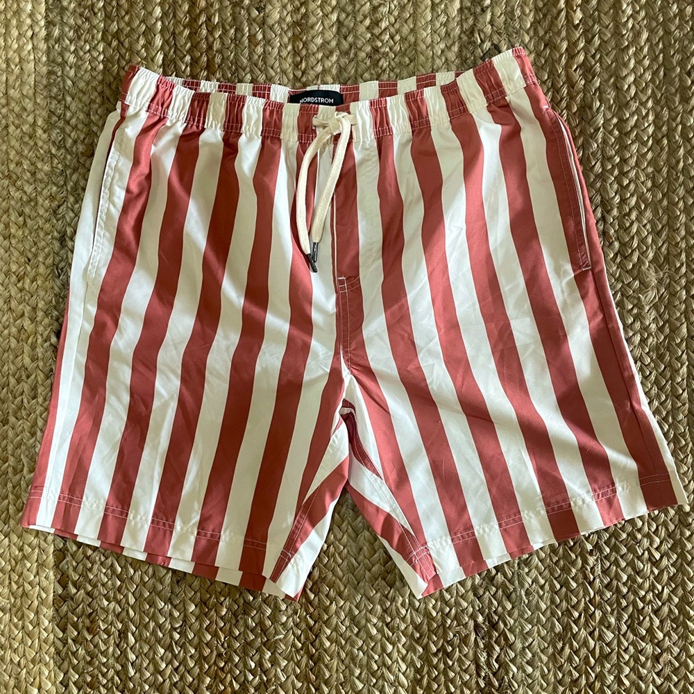 Nordstrom Red and White Vertical Stripe Swim Trunks